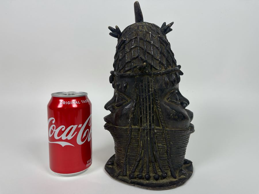 Vintage Benin African Two Face Bronze Sculpture 6W X 10.5H [Photo 4]