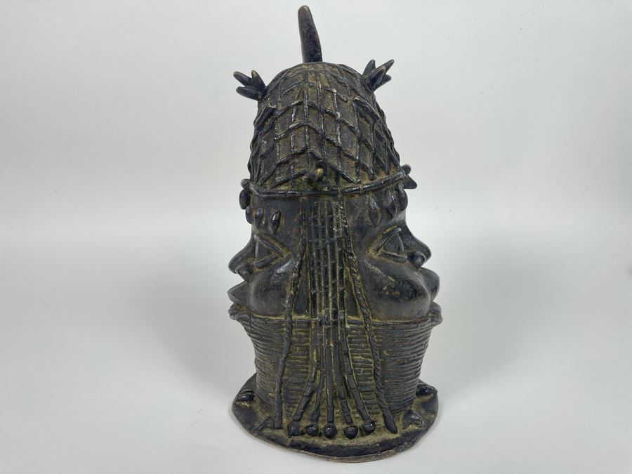 Vintage Benin African Two Face Bronze Sculpture 6W X 10.5H [Photo 3]