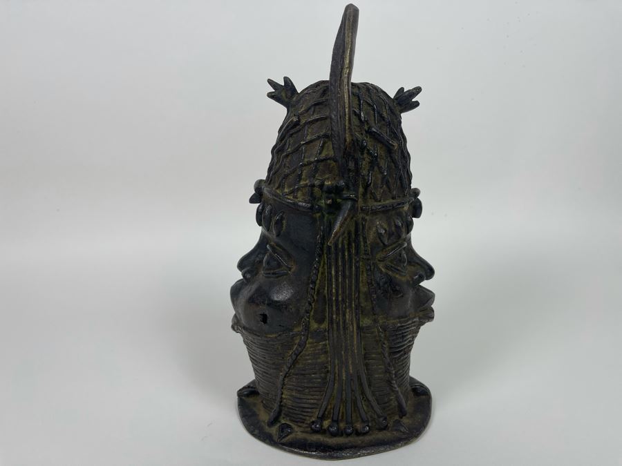 Vintage Benin African Two Face Bronze Sculpture 6W X 10.5H [Photo 10]