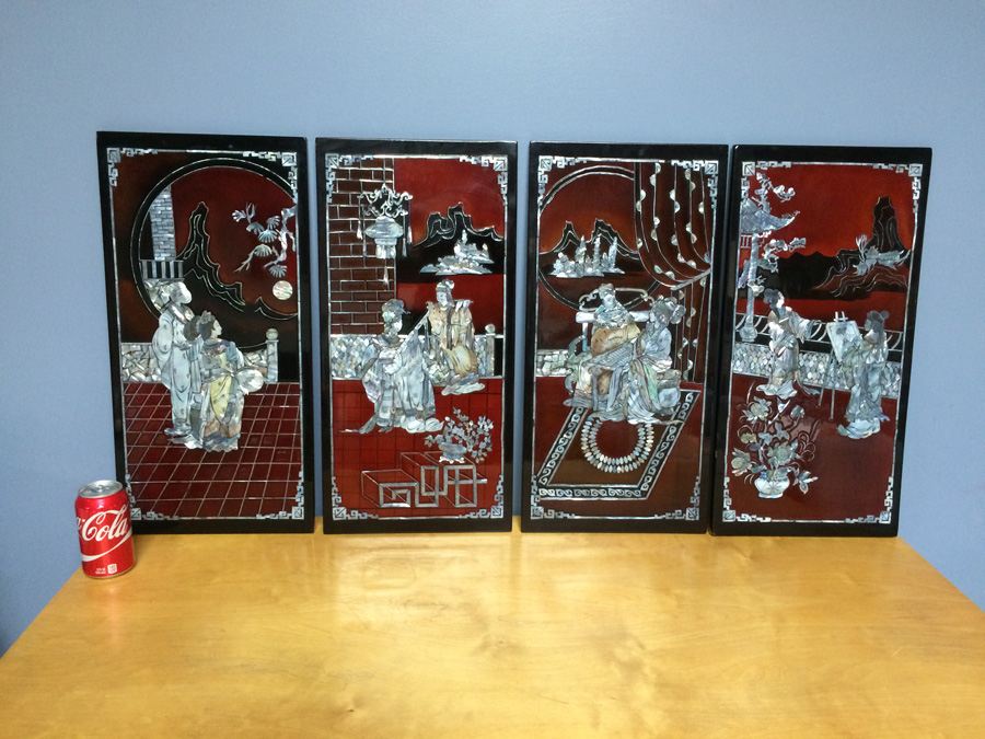 Black Lacquer Asian Mother of Pearl 4 Panel Wall Hangings [Photo 1]