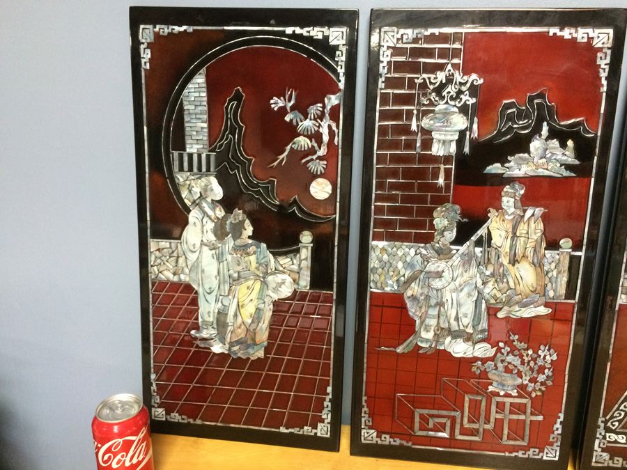 Black Lacquer Asian Mother of Pearl 4 Panel Wall Hangings [Photo 2]