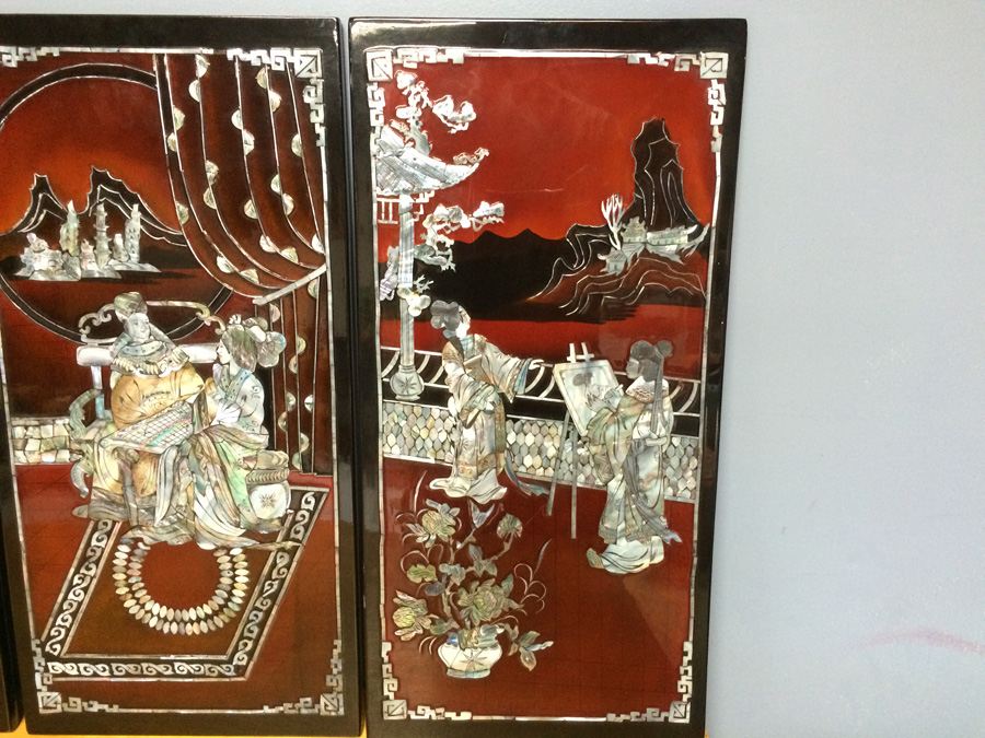 Black Lacquer Asian Mother of Pearl 4 Panel Wall Hangings [Photo 5]