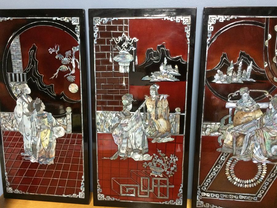 Black Lacquer Asian Mother of Pearl 4 Panel Wall Hangings [Photo 3]