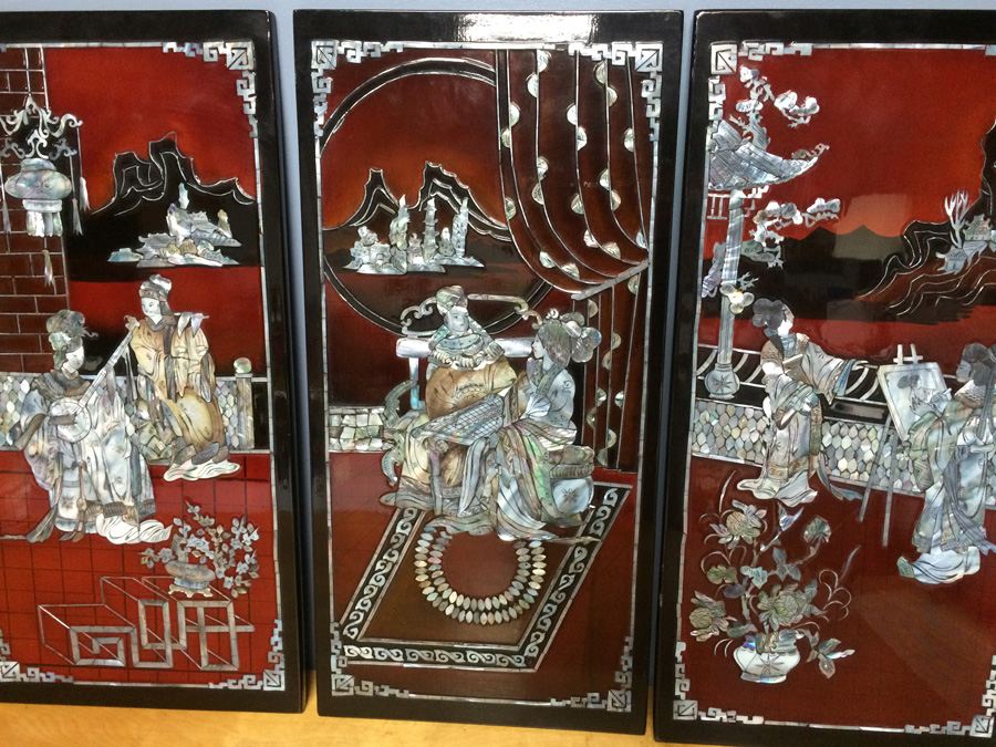 Black Lacquer Asian Mother of Pearl 4 Panel Wall Hangings [Photo 4]