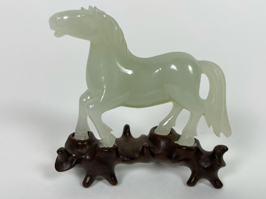 Vintage Chinese Carved Jade Horse On Custom Wooden Stand 3W X 3H [Photo 3]