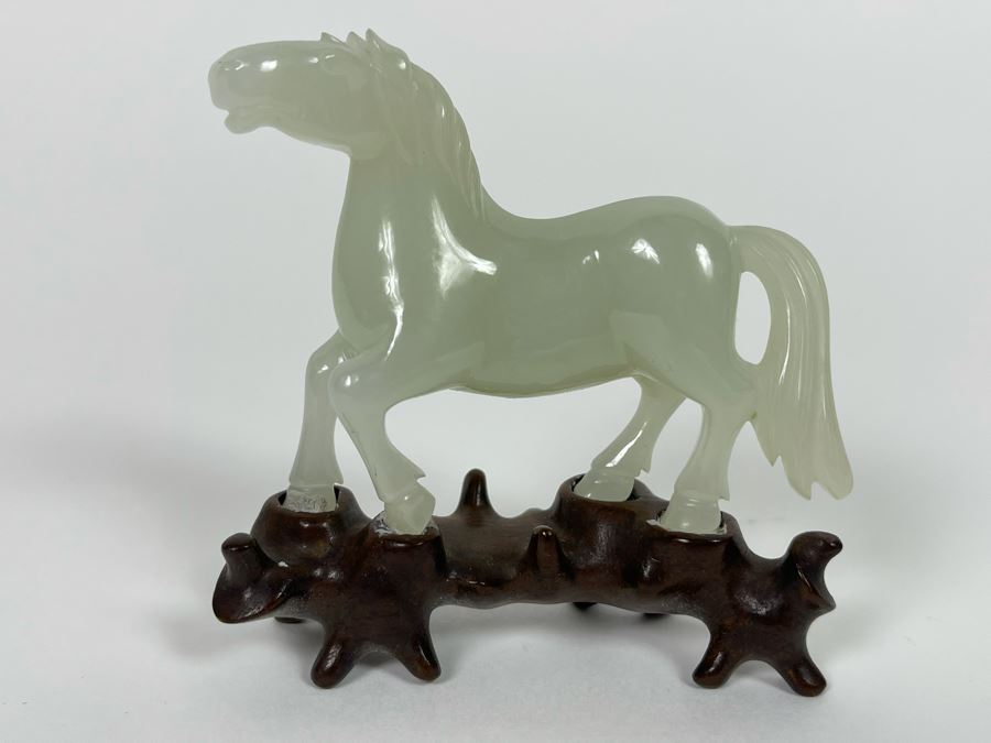 Vintage Chinese Carved Jade Horse On Custom Wooden Stand 3W X 3H [Photo 1]