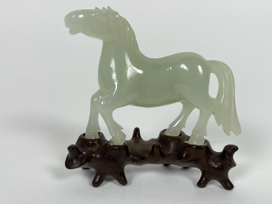 Vintage Chinese Carved Jade Horse On Custom Wooden Stand 3W X 3H [Photo 2]