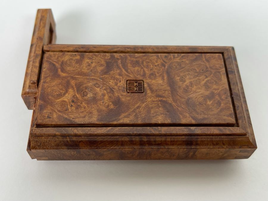 Vintage Signed Chinese Hand Carved Burled Walnut Wood Cricket Insect Cage Box With Sliding Doors And Glass Window Inside (Incredible Amount Of Workmanship) 3.5W X 2D X .75H [Photo 8]