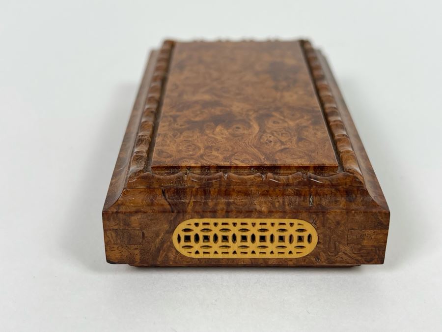 Vintage Signed Chinese Hand Carved Burled Walnut Wood Cricket Insect Cage Box With Sliding Doors And Glass Window Inside (Incredible Amount Of Workmanship) 3.5W X 2D X .75H [Photo 5]