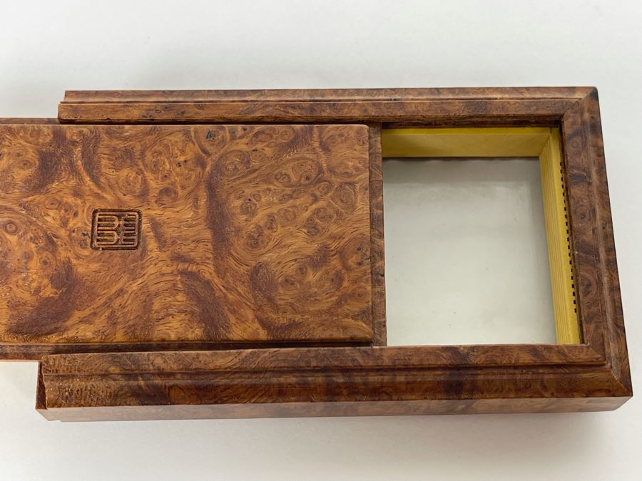 Vintage Signed Chinese Hand Carved Burled Walnut Wood Cricket Insect Cage Box With Sliding Doors And Glass Window Inside (Incredible Amount Of Workmanship) 3.5W X 2D X .75H [Photo 13]