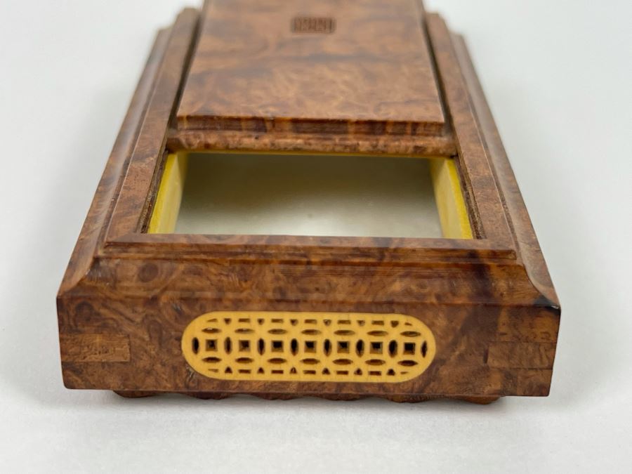 Vintage Signed Chinese Hand Carved Burled Walnut Wood Cricket Insect Cage Box With Sliding Doors And Glass Window Inside (Incredible Amount Of Workmanship) 3.5W X 2D X .75H [Photo 14]