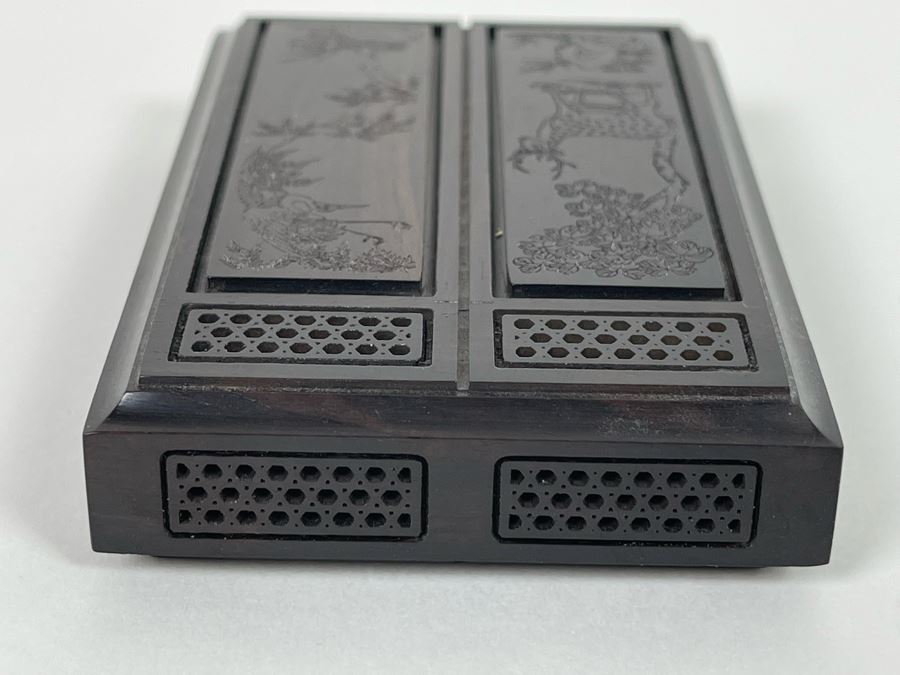 Vintage Signed Chinese Hand Carved Rosewood Cricket Insect Cage Box With Sliding Doors And Glass Window Inside - Two Compartments (Incredible Amount Of Workmanship) 4W X 2.5D X .75H [Photo 7]