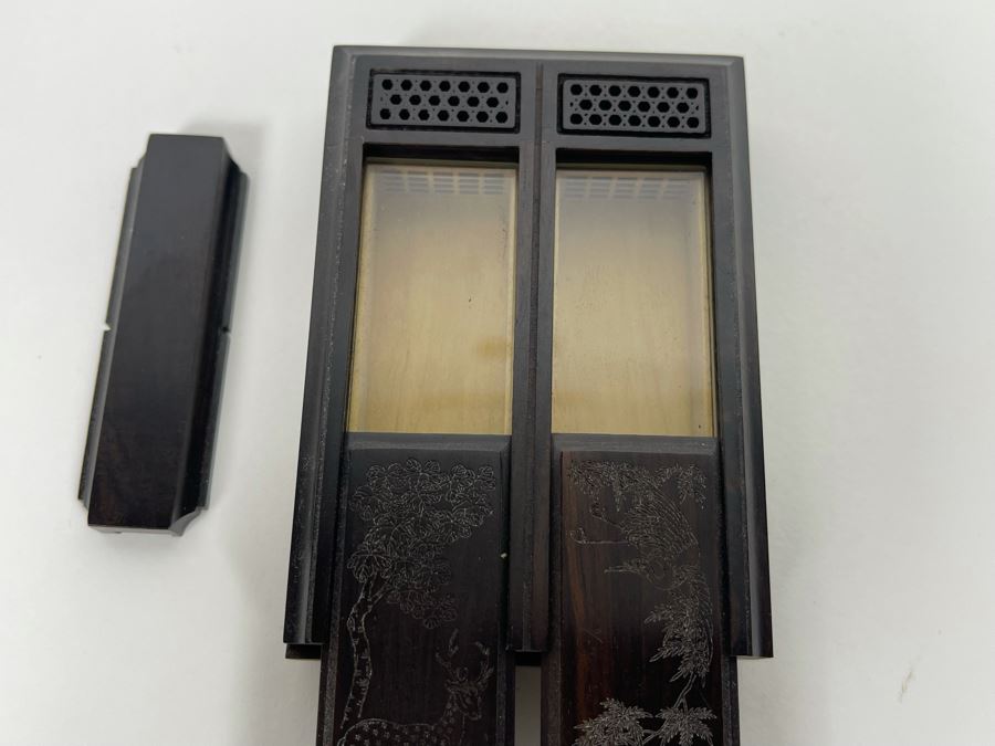Vintage Signed Chinese Hand Carved Rosewood Cricket Insect Cage Box With Sliding Doors And Glass Window Inside - Two Compartments (Incredible Amount Of Workmanship) 4W X 2.5D X .75H [Photo 11]
