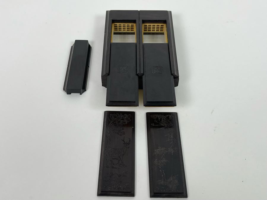 Vintage Signed Chinese Hand Carved Rosewood Cricket Insect Cage Box With Sliding Doors And Glass Window Inside - Two Compartments (Incredible Amount Of Workmanship) 4W X 2.5D X .75H [Photo 15]