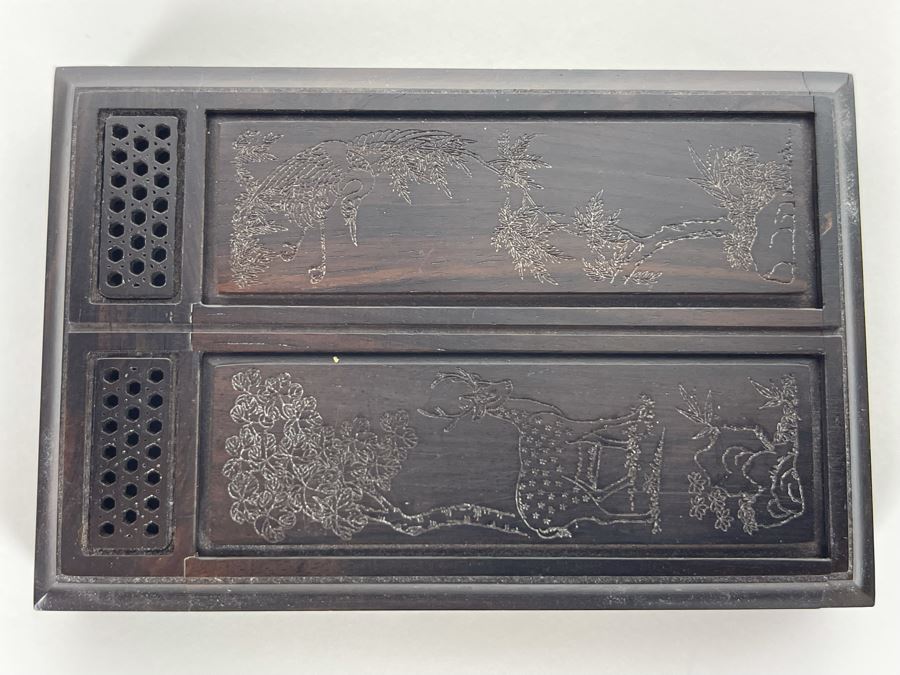 Vintage Signed Chinese Hand Carved Rosewood Cricket Insect Cage Box With Sliding Doors And Glass Window Inside - Two Compartments (Incredible Amount Of Workmanship) 4W X 2.5D X .75H [Photo 3]