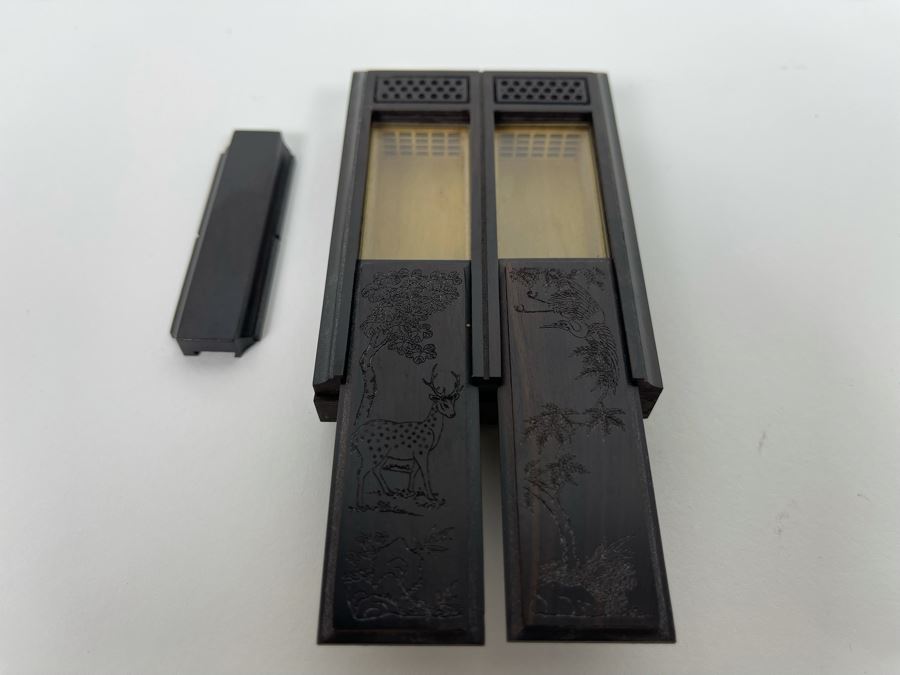 Vintage Signed Chinese Hand Carved Rosewood Cricket Insect Cage Box With Sliding Doors And Glass Window Inside - Two Compartments (Incredible Amount Of Workmanship) 4W X 2.5D X .75H [Photo 2]