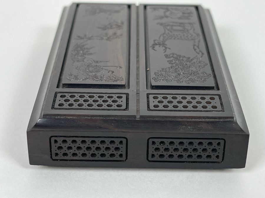 Vintage Signed Chinese Hand Carved Rosewood Cricket Insect Cage Box With Sliding Doors And Glass Window Inside - Two Compartments (Incredible Amount Of Workmanship) 4W X 2.5D X .75H [Photo 8]