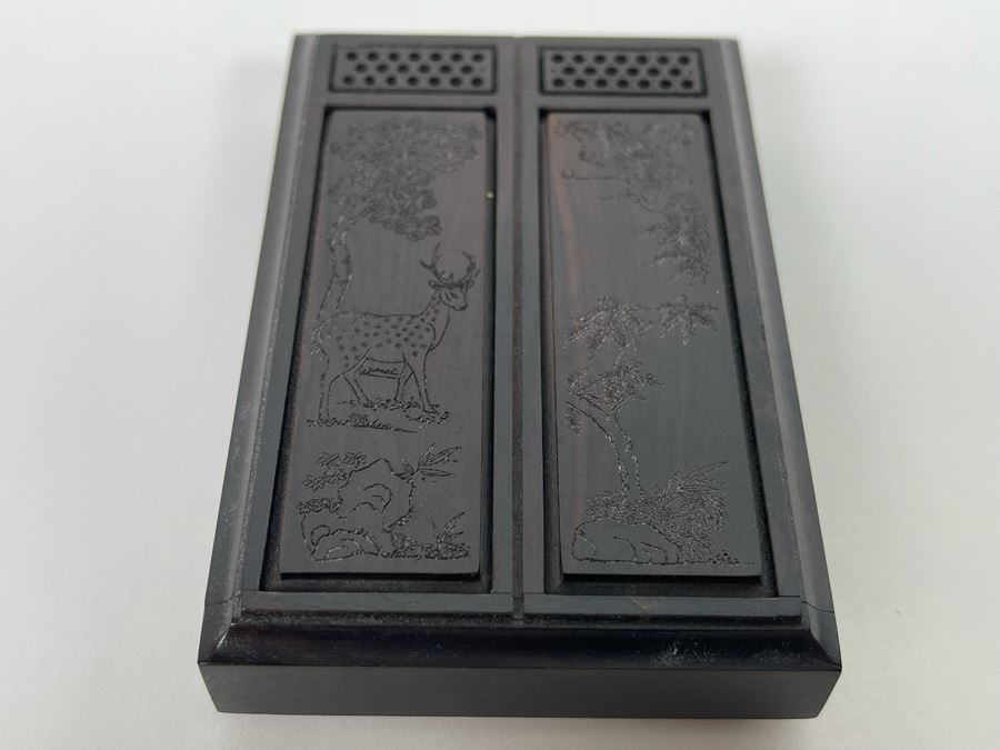 Vintage Signed Chinese Hand Carved Rosewood Cricket Insect Cage Box With Sliding Doors And Glass Window Inside - Two Compartments (Incredible Amount Of Workmanship) 4W X 2.5D X .75H [Photo 4]