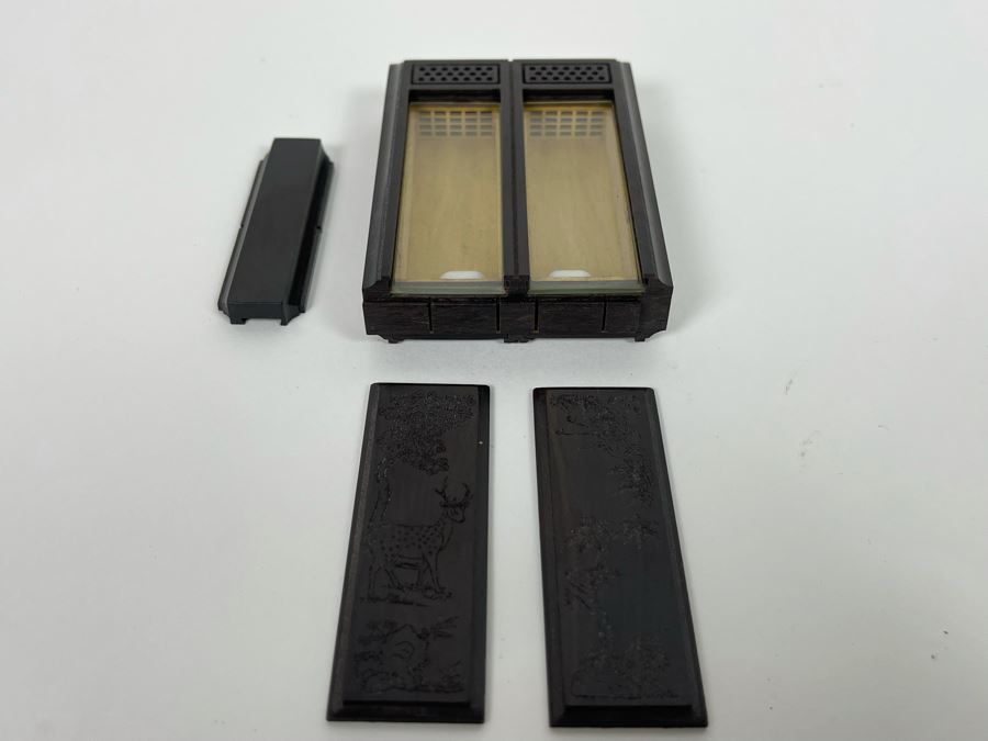 Vintage Signed Chinese Hand Carved Rosewood Cricket Insect Cage Box With Sliding Doors And Glass Window Inside - Two Compartments (Incredible Amount Of Workmanship) 4W X 2.5D X .75H [Photo 12]