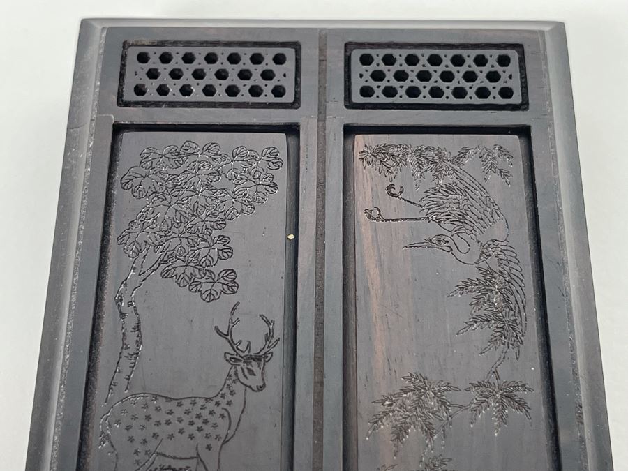 Vintage Signed Chinese Hand Carved Rosewood Cricket Insect Cage Box With Sliding Doors And Glass Window Inside - Two Compartments (Incredible Amount Of Workmanship) 4W X 2.5D X .75H [Photo 6]