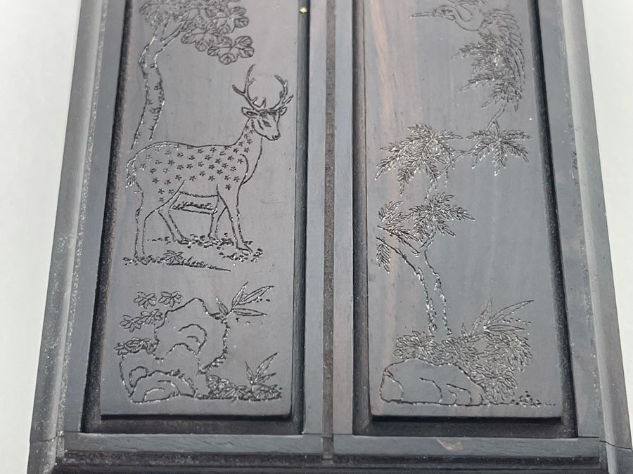 Vintage Signed Chinese Hand Carved Rosewood Cricket Insect Cage Box With Sliding Doors And Glass Window Inside - Two Compartments (Incredible Amount Of Workmanship) 4W X 2.5D X .75H [Photo 5]