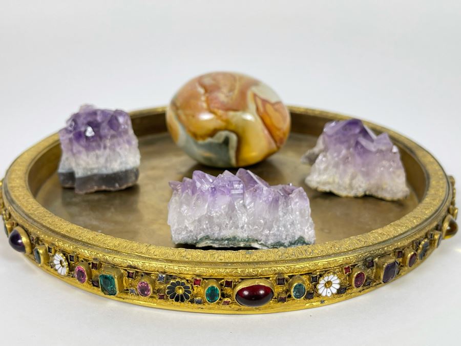 Gilded Metal Decorated Vanity Trinket Tray 8.5R, Amethyst Geodes And Polished Stone Egg [Photo 1]