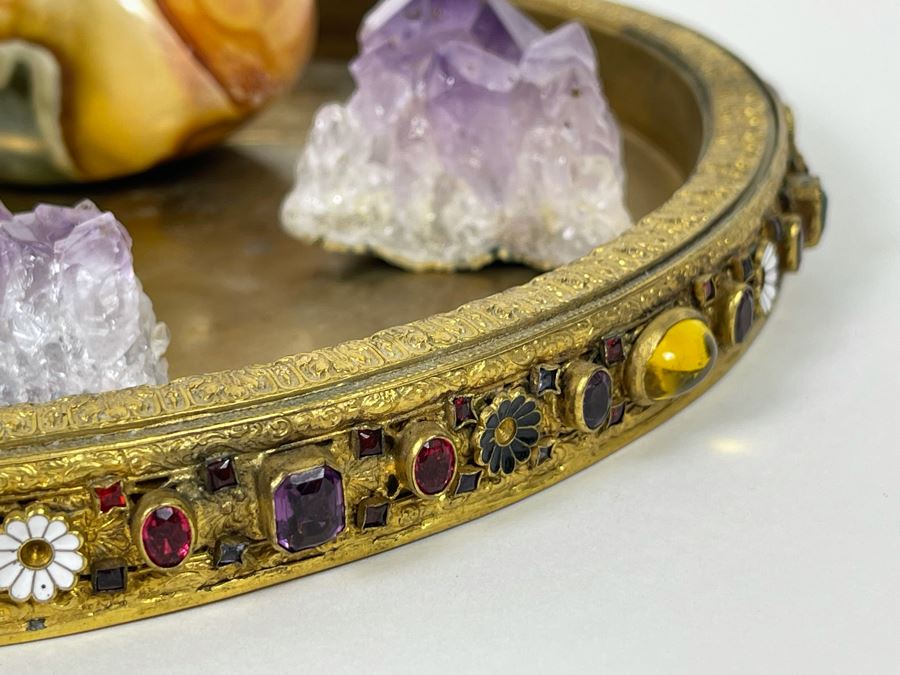 Gilded Metal Decorated Vanity Trinket Tray 8.5R, Amethyst Geodes And Polished Stone Egg [Photo 6]