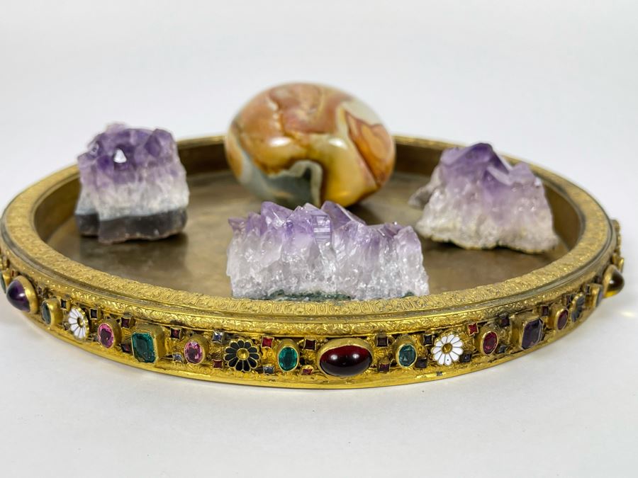 Gilded Metal Decorated Vanity Trinket Tray 8.5R, Amethyst Geodes And Polished Stone Egg [Photo 3]