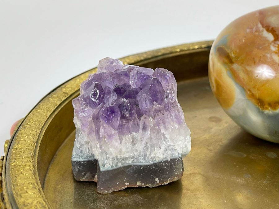 Gilded Metal Decorated Vanity Trinket Tray 8.5R, Amethyst Geodes And Polished Stone Egg [Photo 9]