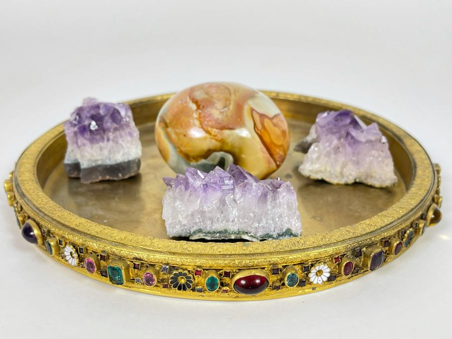 Gilded Metal Decorated Vanity Trinket Tray 8.5R, Amethyst Geodes And Polished Stone Egg [Photo 2]
