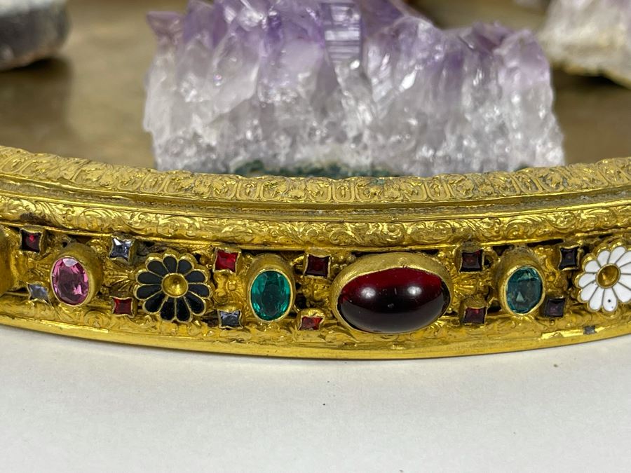 Gilded Metal Decorated Vanity Trinket Tray 8.5R, Amethyst Geodes And Polished Stone Egg [Photo 5]
