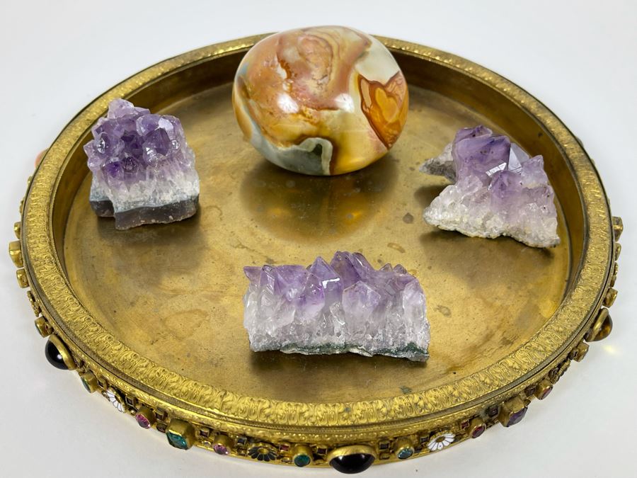 Gilded Metal Decorated Vanity Trinket Tray 8.5R, Amethyst Geodes And Polished Stone Egg [Photo 4]