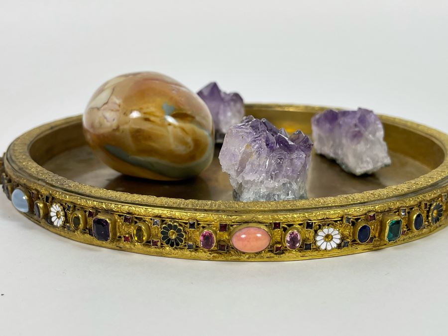 Gilded Metal Decorated Vanity Trinket Tray 8.5R, Amethyst Geodes And Polished Stone Egg [Photo 12]
