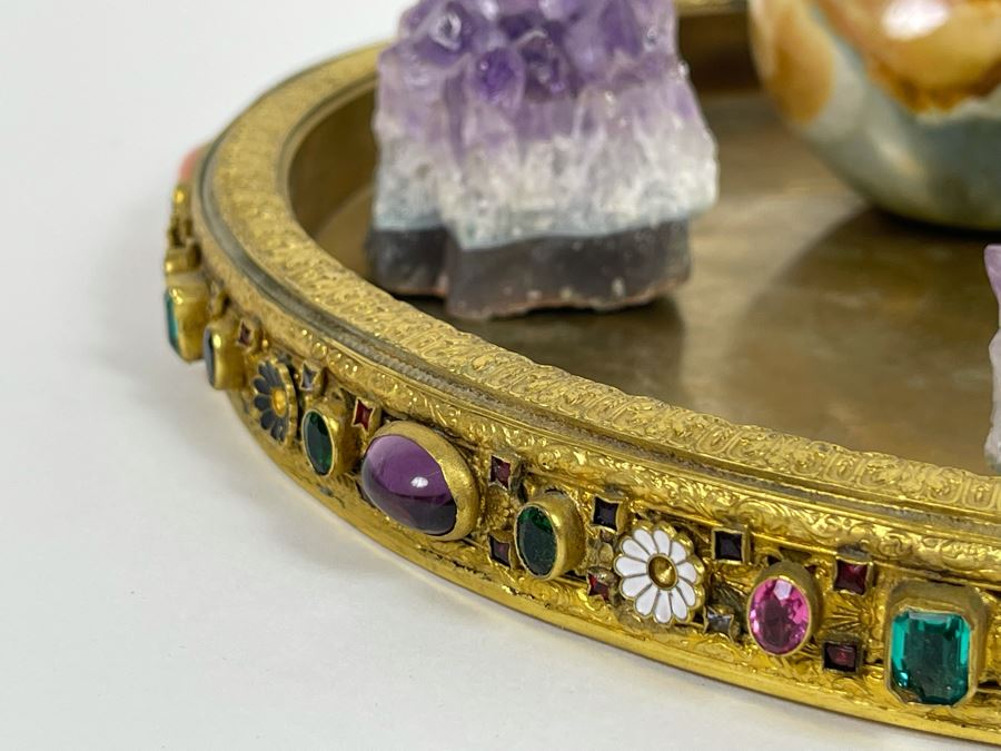 Gilded Metal Decorated Vanity Trinket Tray 8.5R, Amethyst Geodes And Polished Stone Egg [Photo 7]