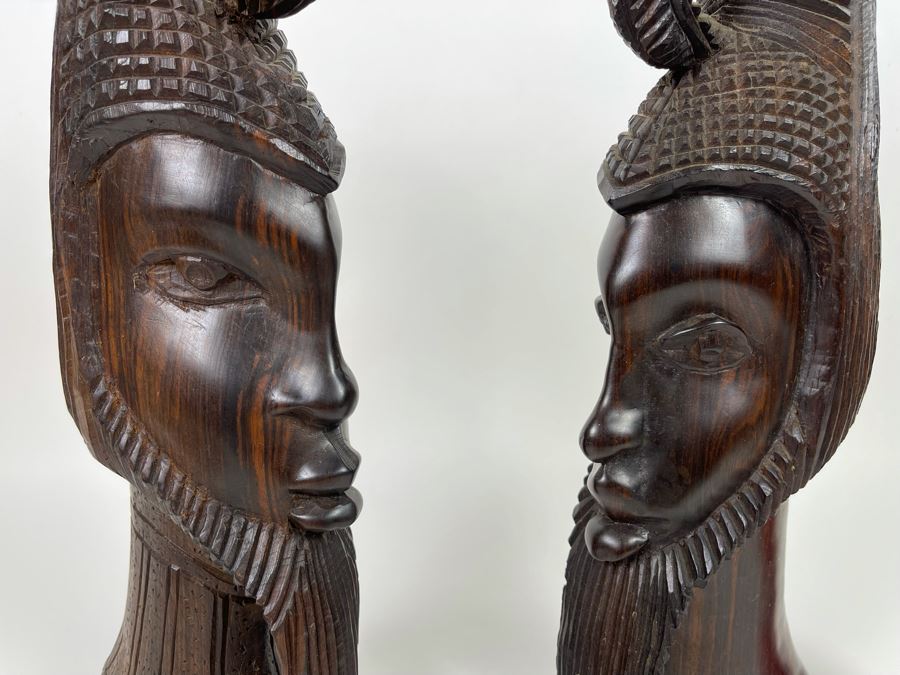 Pair Of Hand Carved African Head Sculptures 18H [Photo 3]