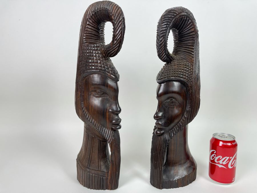 Pair Of Hand Carved African Head Sculptures 18H [Photo 1]
