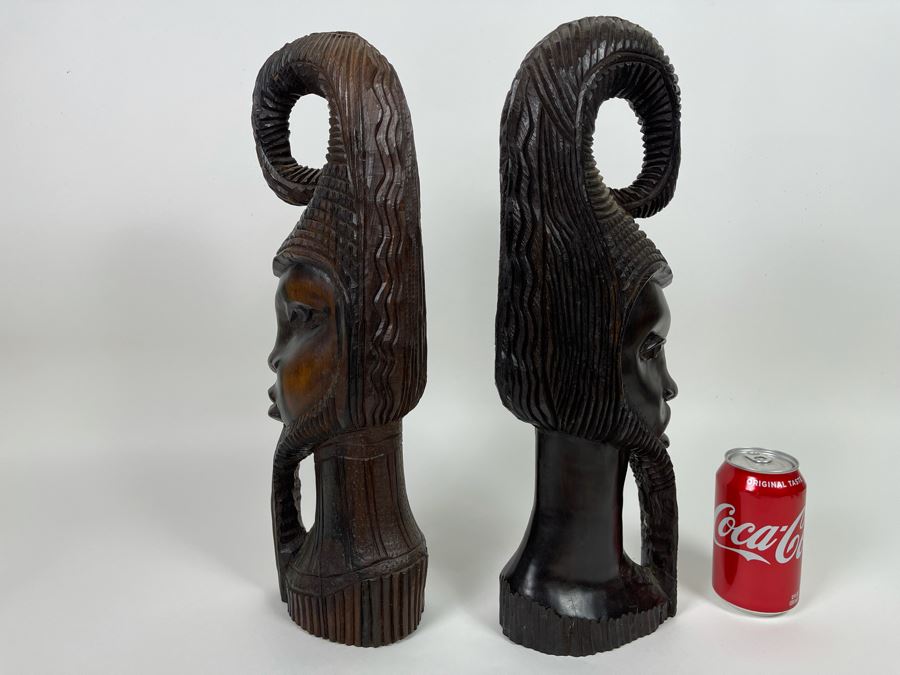 Pair Of Hand Carved African Head Sculptures 18H [Photo 8]