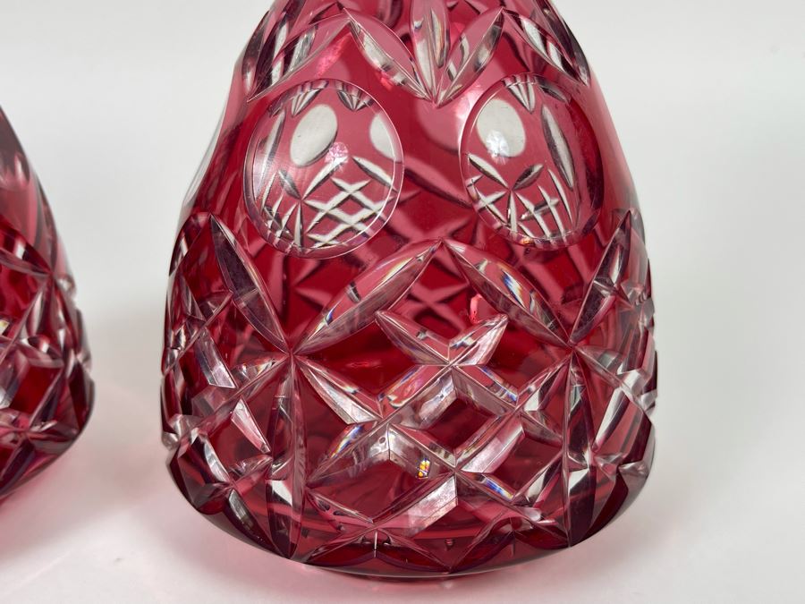 Pair Of Etched Cranberry Crystal Decanters With Stoppers 9.5H [Photo 4]