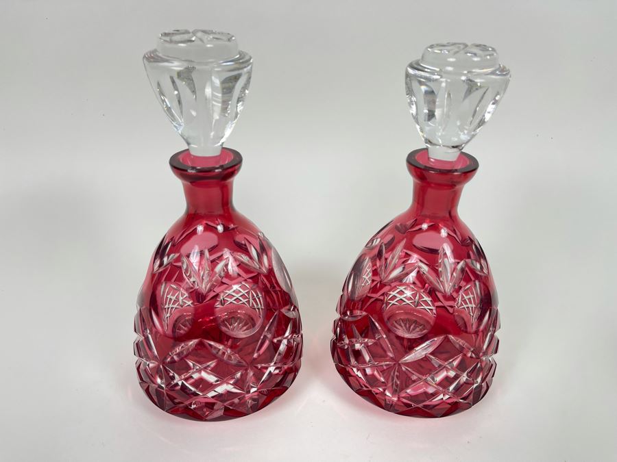 Pair Of Etched Cranberry Crystal Decanters With Stoppers 9.5H [Photo 3]