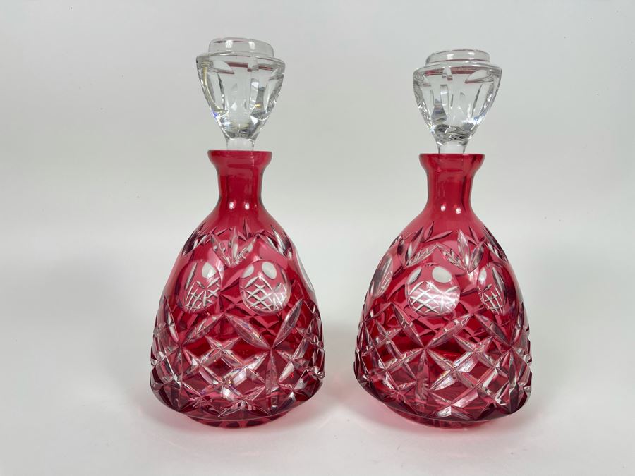 Pair Of Etched Cranberry Crystal Decanters With Stoppers 9.5H