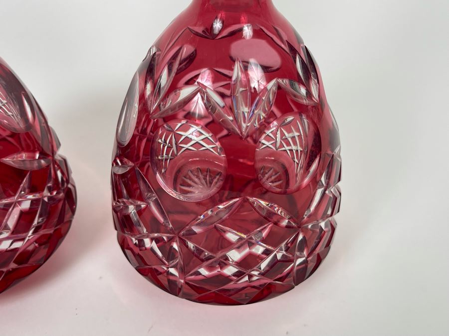 Pair Of Etched Cranberry Crystal Decanters With Stoppers 9.5H [Photo 5]