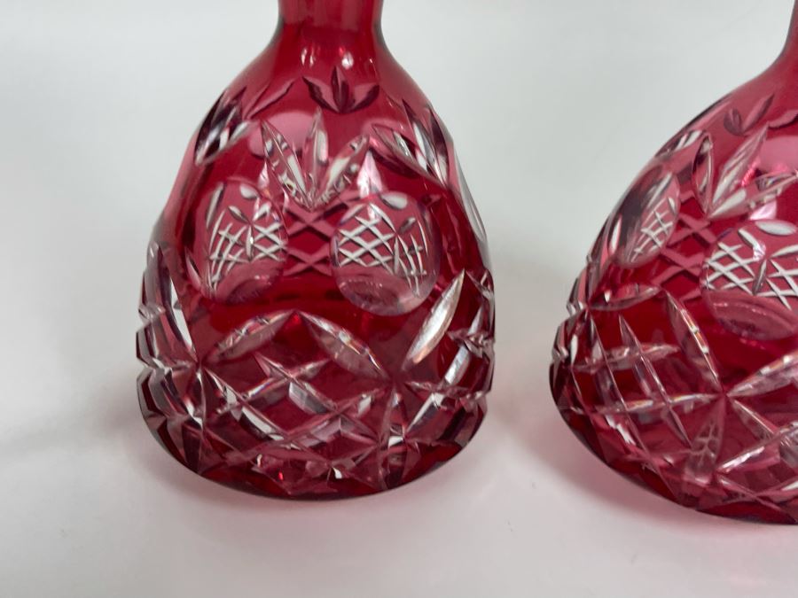 Pair Of Etched Cranberry Crystal Decanters With Stoppers 9.5H [Photo 7]