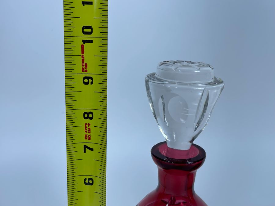 Pair Of Etched Cranberry Crystal Decanters With Stoppers 9.5H [Photo 6]