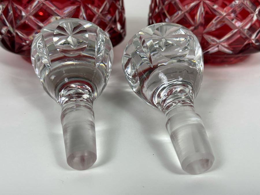 Pair Of Etched Cranberry Crystal Decanters With Stoppers 9.5H [Photo 8]