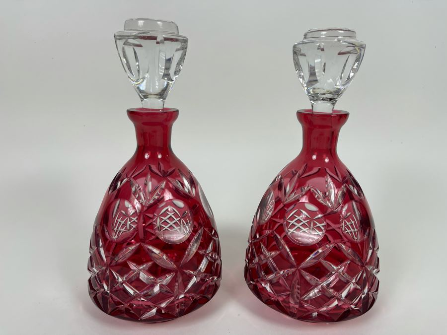 Pair Of Etched Cranberry Crystal Decanters With Stoppers 9.5H [Photo 2]