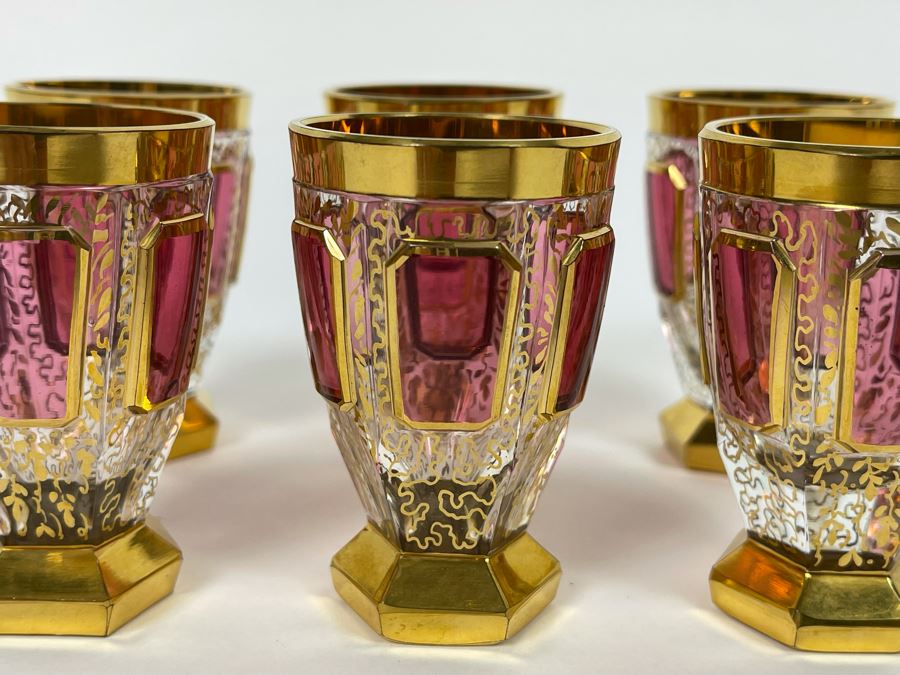 Set Of Six Hand Painted Gold And Ruby Footed Shot Glasses 2.5H [Photo 4]