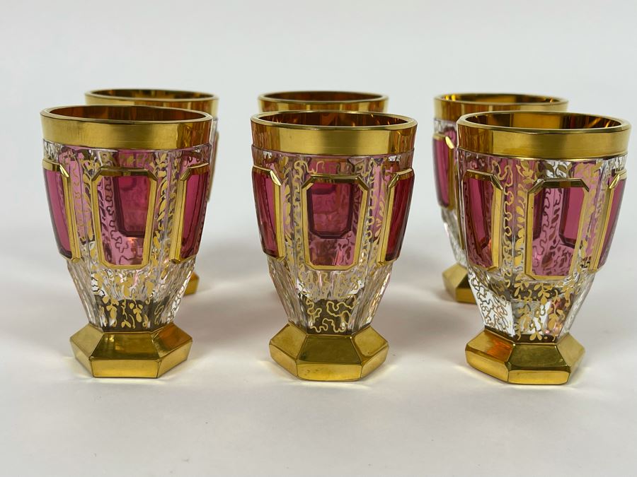 Set Of Six Hand Painted Gold And Ruby Footed Shot Glasses 2.5H [Photo 3]