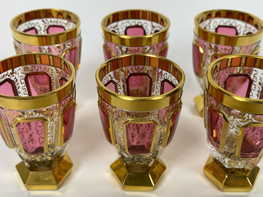 Set Of Six Hand Painted Gold And Ruby Footed Shot Glasses 2.5H [Photo 6]