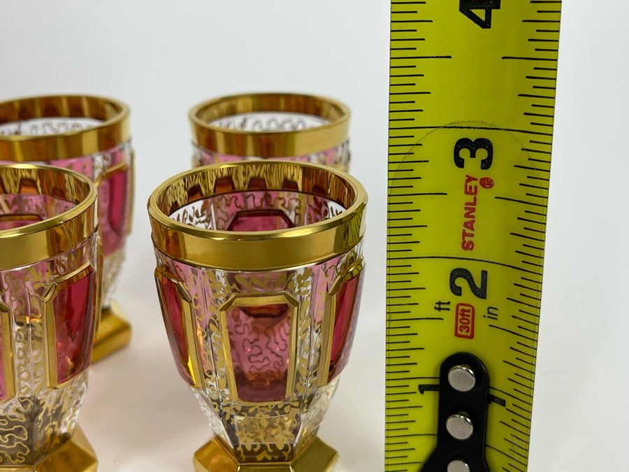 Set Of Six Hand Painted Gold And Ruby Footed Shot Glasses 2.5H [Photo 7]