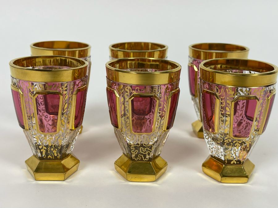 Set Of Six Hand Painted Gold And Ruby Footed Shot Glasses 2.5H